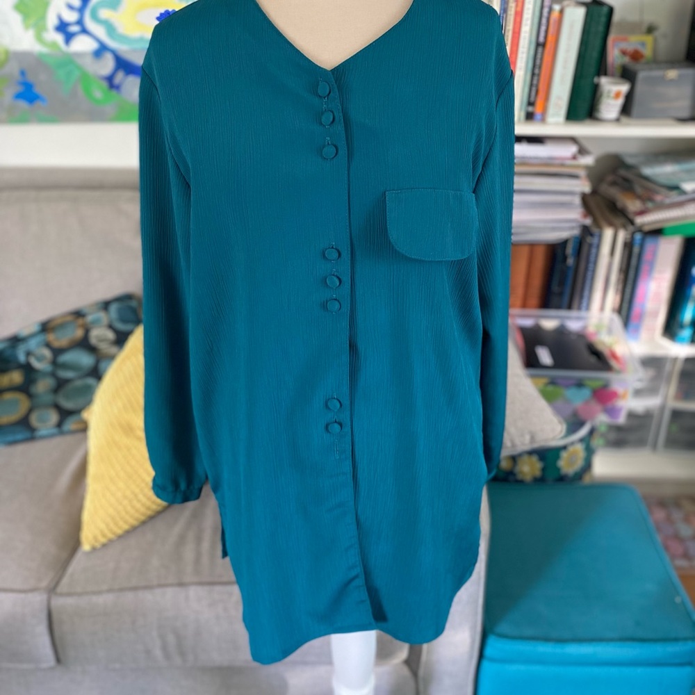 Truffles Flowy Blouse Shirt M/L Teal Green VGUC Relaxed Fit Workwear